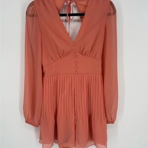 NWT Express Coral Chiffon Pleated Mini Romper | Long Sleeve | Size S